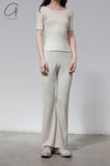 BASERANGE Round neck ruffled ribbed cotton T-shirt TOPA series collection France BAS-TOPA-WA-WI22-MI Beige TOPA-RB-000